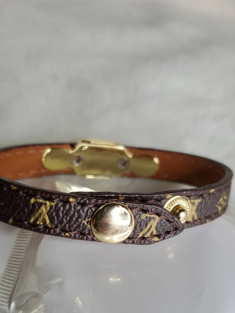 Lv  Brown Monogram Bracelet with Gold LV Emblem